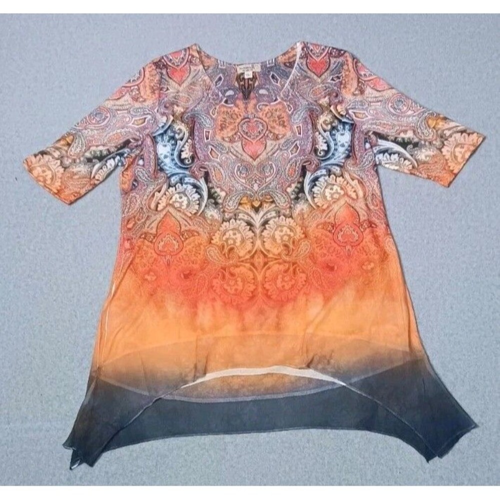 One World Hi Low Hem Tunic Top XL Multicolor Paisley Lagenlook Festival Artsy